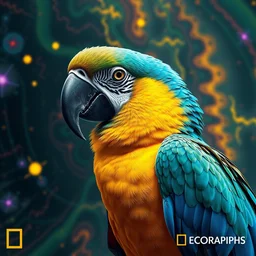 a macaw bird illustrated by johannes vermeer, trippy lsd visuals, cyberspace, metaverse art, gorgeous macaw photography, national geographic, trippy art