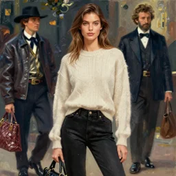 vogue women's fashion, bottega veneta, miu miu, prada, loewe, cashmere jumper, black jeans, ilya kuvshinov, digital art illustration, john singer sargent, impressionist oil painting, trending on artstation, intricate