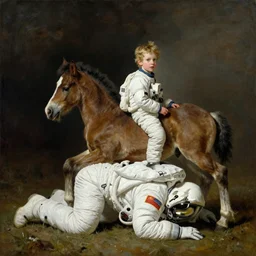 astronaut on all fours on his back carries his son a foal, hauntingly surreal, highly detailed painting by francis bacon, edward hopper, adrian ghenie, gerhard richter, and james jean soft light 4 k,