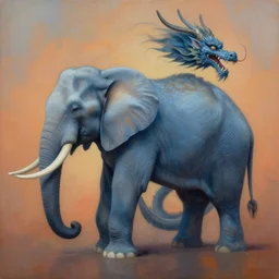 painting of hybrid between elephant & dragon, intercrossed animal, mixture animal, by tiffany bozic, by zdzislaw beksinski, by vladimir kush, cold hue's, warm tone gradient background, concept art, beautiful composition, digital painting