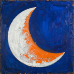abstract half moon in dark blue, white, orange, painted by Mark Rothko, Julian Schnabel, Helen Frankenthaler, Pat Steir and Hilma af Klint, abstract painting, color field painting. 8k, pastose, extreme detail, intricate detail, masterpiece
