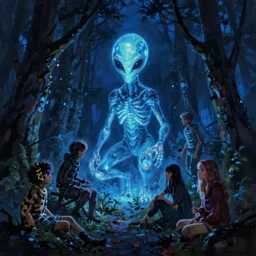 matte painting. glowing alien in forest at night. forest is lit by eerie blue glow. scary. digital painting. digital render. beeple. noah bradley. cyril roland. dan mumford. naomi okubo. trending on artstation.