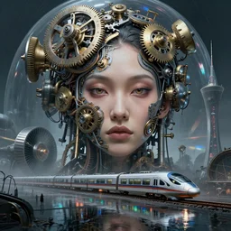 detailed face of an asian woman, clockwork, moment, tectonic sky, skydome, bullet train, turbines, utopian, tech noir, wet reflections, prism, atmospheric, ambient, pj crook, syd mead, livia prima, artgerm, greg rutkowski, nick alm, casey baugh