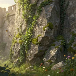 castle wall rocks ivy moss flowers grass birds butterflies sunrise vines rubble dust wind atmosphere, deep focus, intricate, highly detailed, digital painting, artstation, concept art, matte, sharp focus, illustration, art by artgerm and greg rutkowski