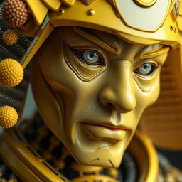 complex 3 d render hyper detailed old samurai portrait, close - up, futuristic biomechanical, smooth porcelain ivory fair face, vibrant yellow colors, surreal, fractal colorful puffballs, octane render, 4 k