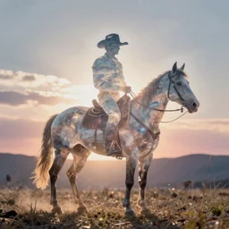 transparent siluette of a cowboy outlaw sitting on a horse. serigraph. screen - printed on top of a photograph. sun - bleached highlights. sanded surface in soft colors