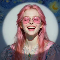 portrait of a beautiful girl, smiling, ecstatic, eyes closed, open mouth, shades of pink, beautiful face, rule of thirds, intricate outfit, spotlight, by greg rutkowski, by jeremy mann, by francoise nielly, by van gogh, digital painting