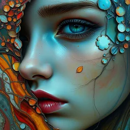 close - up portrait of beautiful girl by irakli nadar with intricate detailed color smashing fluid oilpaint, color leaves, melting wax, broken mirror, fluid acrilic, abstract impressionism, ruan jia, fantasy, hyper detailed, concept art, by peter mohrbacher and gustav klimt,