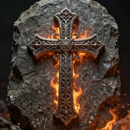intricate detail of a cross embeded in a stone with fire sparkles around, concept art, highly detailed, artstation, cinematic,
