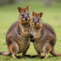 “a quokka and wallaby smiling and hugging each other, nature photography”