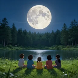 kids sitting on grass looking giant moon in the sky, forest, lake, hyperdetailed, artstation, cgsociety, 8 k