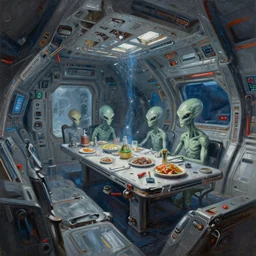 painting of aliens by dinner in broken interior of futuristic spaceship with amount of electromagnetic devices and tools, sharp edges, deep displacement, reflections, raytracing, raymarching, subsurface scattering, digital art, painted by anna nikonova