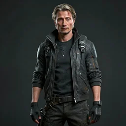 a portrait of mads mikkelsen in the game death stranding, 3 d, hyper realism, streetwear, techwear, cyberpunk style outfit, techwear, realism, detailed portrait, intricate complexity, by greg rutkowski, cushart krentz, artgerm, ross tran, conrad roset, 4 k, cinematic, atmosphere