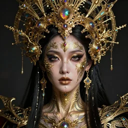 hyperrealistic detailed portrait of a beautiful goddess in an iridescent - gold ornamental ritual headdress, intricate cyberpunk make - up, golden face tattoos, insane details, art by ernst haeckel, nekro borja, john william godward, gothic - cyberpunk, beautiful deep colours,