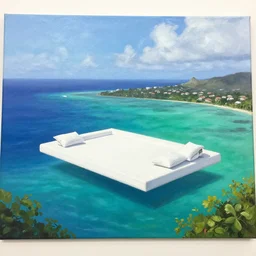 a nice and cosy white flat suspended in the airs 150 meters above the blue and emerald lagoon of Sint-Marteen island, mate painting, realistic, inspired by Oblivion movie