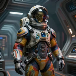 very detailed interior of alien futuristic spaceship with colorful high resolution textures. occult cosmonaut in full spacesuit with helmet, contrast bump, texture displacement, sss, reflections, raytracing, raymarching, subsurface scattering, still from new scifi movie by digital domain, lucasfilm, by arthur haas and stefan morrell