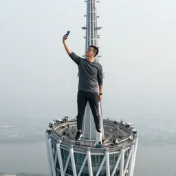 a man taking a selfie from the top of the tallest tower in the world, beautiful city, fish eye, wide lens, amazing, beautiful photograph, jaw dropping