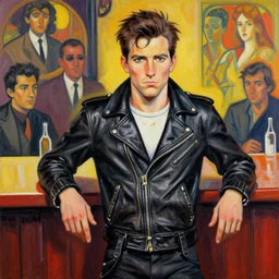 greg manchess painting of tracer wearing a skintight leather jacket in a bar, medium shot, organic painting, bold shapes, hard edges, street art, trending on artstation, by huang guangjian and gil elvgren and sachin teng and artgerm and greg rutkowski and alphonse mucha