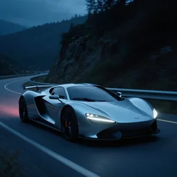 a futuristic minimalist sports car driving down a mountain road at night, film still from tron legacy