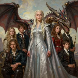 a portrait painting of daenerys targaryen queen in fantastic dress next to a dragon, embellished annie stegg, lawrence alma - tadema, greg rutkowski, nerko, deviantart contest winner, artstation, fantasy art, highly detailed, 8 k, digital painting, smooth, concept art, sharp focus, illustration, graphic novel style, golden ratio, mythological, cinematic lighting, cinematic, mythological, maximalist