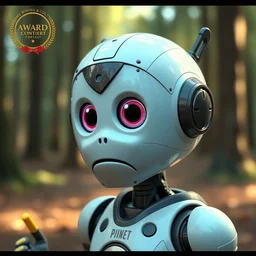 very cute robot, portrait, pixar style, forest background, cinematic lighting, award winning creature portrait photography