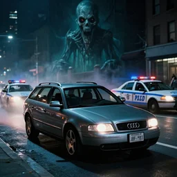 Audi A4 B6 Avant (2002) chased by NYPD cop cars, a gritty neo-noir, dramatic lighting, cinematic, establishing shot, extremely high detail, photorealistic, cinematic lighting, artstation, by simon stalenhag, Max Payne (PC) (2001) winter new york at night, eldritch horror
