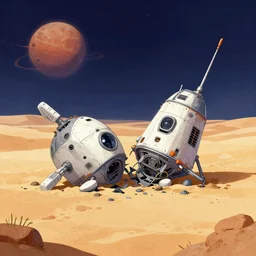 next to a crashed spacecraft on a remote desert planet, from a space themed point and click 2 d graphic adventure game, art inspired by thomas kinkade