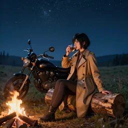 A girl from Final Fantasy with short black hair and green eyes in a tan trenchcoat sitting on a log and drinking tea by the campfire by her motorcycle at night under the stars, elegant scene, beautiful landscape in the background, wide angle, cinematic lighting, atmospheric, ultrarealistic, trending on artstation, cgsociety, highly detailed, color graded, in the style of craig mullins, rendered in Unreal Engine 4k HQ, horizon forbidden west
