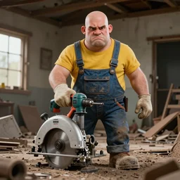 grumpy chunky bald handyman, mechanical drill! circular saw hands, in a dusty wrecked home, full body, hyperrealistic digital art masterpiece, highly detailed neo pop surrealism, jason limon kay sage hannah yata, dramatic lighting, low angle, uhd 8 k, sharp focus