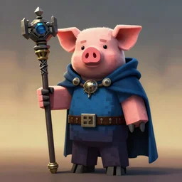 full character potrait of minecraft pig, holding a ceremonial staff, wearing a cloak, zdzislaw beksinski, lewis jones, dariusz zawadzki, wayne barlow, warhammer fantasy, cold hue's, warm tone gradient background, concept art, 4 k, ultra - high - definition