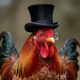 portrait of a rooster, with top hat!!! and monocle!!!, angelic, diabolic