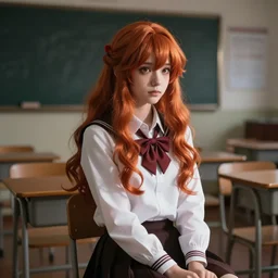 magical and mystical, illustrious makinami, school girl with waiting on a classroom, octane render, rembrandt, cgsociety, artstation trending, highly detailded, red hair