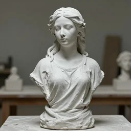 sculpture of a beautiful girl in white clay cinematographic rendering