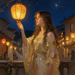 a beautiful painting of a girl resembling millie bobby brown at the lantern festival in a an ancient italian town, at night with a sky full of stars, intricate, elegant, highly detailed, digital painting, artstation, concept art, by krenz cushart and artem demura and alphonse mucha