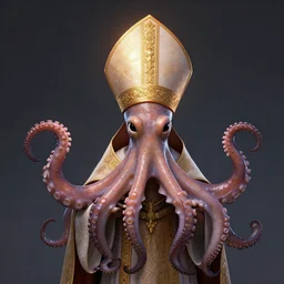 anthropomorphic octopus squid pope with liturgical headdress and mitre, miter, ultra detailed, 8 k, trending on artstation, award - winning art,