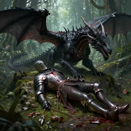 fallen knight, high fantasy, jungle, arrows, blood, exhausted, war scene, realistic, artstation, cinematic, black dragon