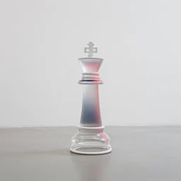 a minimal white contemporary metal and glass sculpture of a chess piece in an empty white room, red and navy neon light, barely visible glass, low contrast, over exposed, evanescent, contemporary art