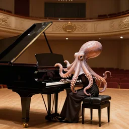 piano recital given by an octopus, concert hall, photorealistic, 4 k