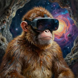 a high hyper detailed painting with many intricate textures of a cave monkey wearing virtual reality goggles in a spiritual psychedelic cosmos