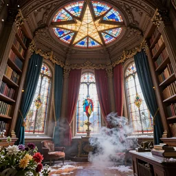 library in the style of baroque, star roof, colored glass windows and colored curtains, flowers, smoke, snowy day, dreamy, hogwarts style, fairy tale, highly detailed, bright light, artstation, mysterious, comfort