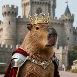 detailed photorealistic of a capybara wearing a highly detailed ornamented gold crown with diamonds, in a medieval knight armor with red cape, standing in front of a highly detailed castle, sharp focus in the style of ruan jia, Mandy jurgens, cinematic light, concept art, trending on artstation, ultra realistic