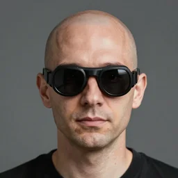 a bald man wearing nightmare vision goggles.
