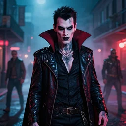 a 2 8 mm closeup photo antony starr posing as a vampire in emo clothing in a street in a misty night in louisiana, intricate, hyper detailed, smooth, high contrast, neon, volumetric lighting, octane, moebius, greg rutkowski, blade runner, ripley scott, mad max, cindmatic