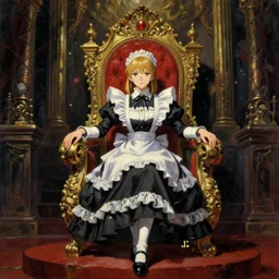 baroque oil painting of key visual concept art of anime maid ruling as queen from extravagant throne room, brutalist, dark fantasy, rule of thirds golden ratio, fake detail, trending pixiv fanbox, acrylic palette knife, style of makoto shinkai studio ghibli genshin impact james gilleard greg rutkowski chiho aoshima
