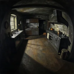 volumetric shadows, volumetric lighting, black goya painting, el greco, fisheye, curved perspective, naive, extra narrow, by rhads, an underground kitchen with large floor
