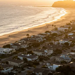 overhead view california beach town golden hour shimmering sands luxury homes