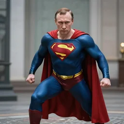vladimir putin as superman, soviet son, realistic, cinematic, action pose, centre shot,