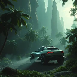 futuristic suv designed by apple driving through alien jungle, artgerm and greg rutkowski and alphonse mucha, an epic fantasy, volumetric light, detailed, establishing shot, an epic fantasy, trending on art station, octane render, midsommar