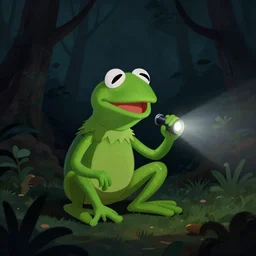kermit the frog at night in the forest. obscurity. darkness!!!. flash light. ( ( ( digital art by dan peacock ) ) ) ).