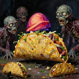 overgrown taco bell serving zombies. highly detailed science fiction painting by norman rockwell, frank frazetta, and syd mead. rich colors, high contrast, gloomy atmosphere, dark background. trending on artstation